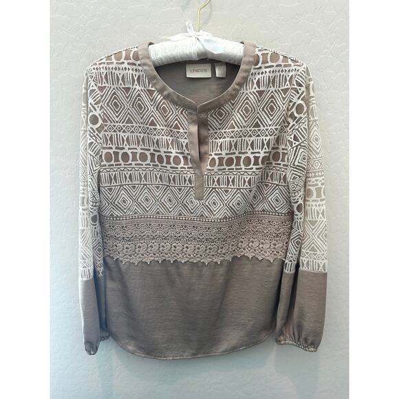 CHICO’S | Taupe Neutral Textured Semi Sheer Boho Long Sleeve Peasant Top | Small - Picture 2 of 8